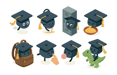 Graduation cap icons set – smile, frown, locker, spaghetti, backpack, bubble, dinosaur. Vector icons set