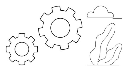 Two interconnected gears, abstract plant shapes, and a cloud in minimalist linear art style. Ideal for automation, efficiency, teamwork, technology, innovation, nature simple landing page