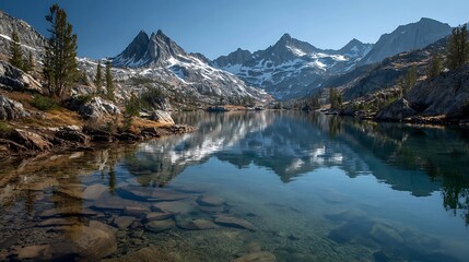 Serene alpine lake reflects snow capped mountains
