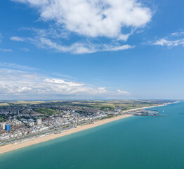 Flying above Brighton Beach, Brighton, Famous Tourism Location United Kingdom, Europe