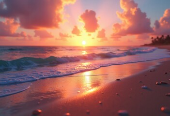 vibrant sunset colors reflecting rippling ocean waves serene beach seascape, reflection, water, sky, clouds, horizon, scenery, light, brightness, vibrancy