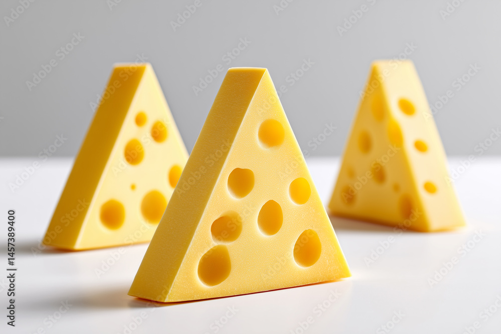 Poster three folded cheese slices positioned with careful spacing on a clean white background. this minimal
