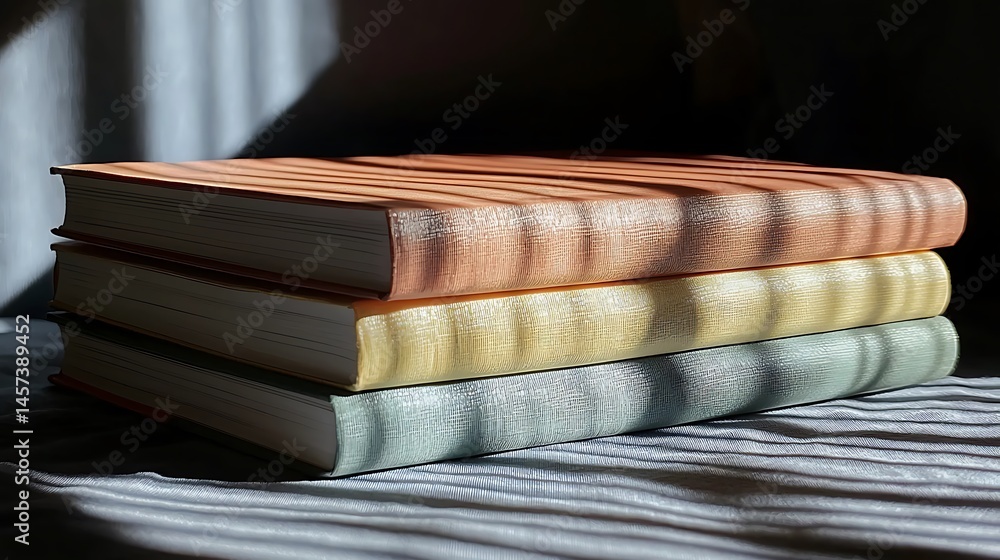 Poster stacked colorful books casting shadows on a textured surface with soft lighting