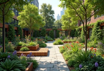 Obraz premium sustainable garden design reusing materials eco friendly plants greenery urban oasis landscape, flora, soil, vegetable, herb, flower, perennial, annual