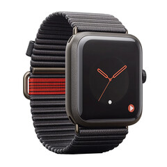 Isolated digital watch with a black band and a red band on transparent background,