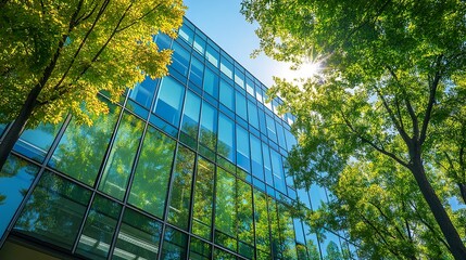 Green office building with a modern glass exterior, surrounded by vibrant trees and designed for net zero emissions in an urban setting.  
