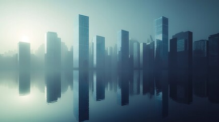 Fototapeta premium High-rise architecture featuring a clean, reflective exterior, rising elegantly against the city skyline with a minimalist aesthetic. 