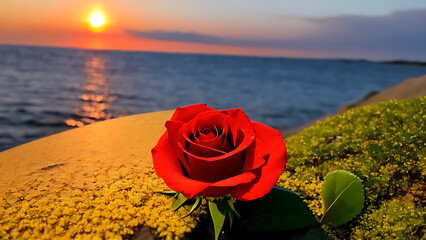 Close-up of a Rose Flower with Detailed Petals Against a Vibrant Sunset Sky by the Sea, Showcasing Warm Natural Textures