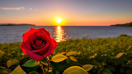 Close-up of a Rose Flower with Detailed Petals Against a Vibrant Sunset Sky by the Sea, Showcasing Warm Natural Textures