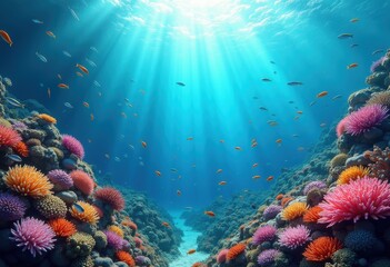 Naklejka premium underwater coral reef restoration vibrant marine life diverse ecosystem colorful corals swim fish diversity, hike, habitat, sea, snorkeling, ocean, shellfish