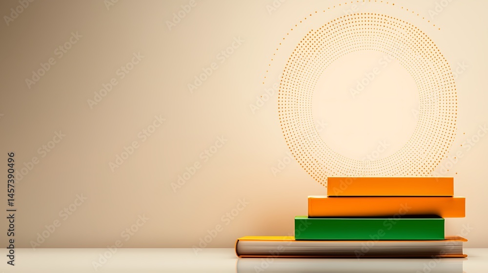 Poster stacked colorful books on a clean surface with a circular abstract design in the background