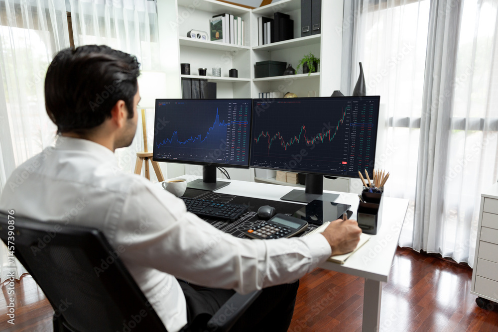 Aufkleber smart trader businessman analyzing in two dynamic stock exchange investment screen on pc with invest