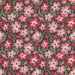 Seamless retro floral pattern with red abstract flowers and green leaves. Vector modern wallpaper with irregular flower motifs, background, for textile, print, fabric, wall covering or dresses.