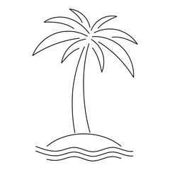 Single palm tree line art on island with sea waves. Editable Stroke. Minimal tropical coconut tree outline. Exotic summer beach sketch for logo, decoration, travel design, black and white vector
