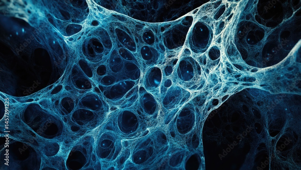 Poster intricate network of interconnected, porous structures. complex, interwoven patterns of light blue a