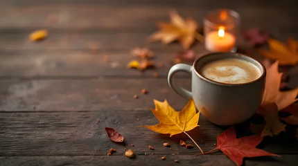 Fleecedeken met foto A cozy autumn scene features a mug of latte beside a warm candle, surrounded by colorful fall leaves on a rustic wooden table © Olena Liulko