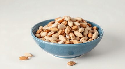 Blanched Almonds in a Blue Ceramic Bowl on Pale Tabletop