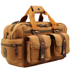 A Pet Travel Bag with Multiple Compartments Earthy B Leather Duff Bag Isolated on Transparent Background