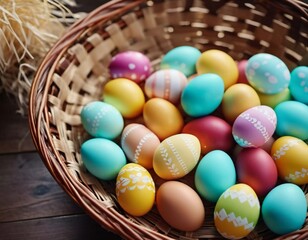 A woven basket fills with multicolored Easter eggs, each uniquely decorated, brightening a wooden table with a cheerful vibe, perfect for spring festivities and family traditions Generative AI