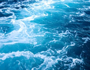 Ocean Surface Texture Azure Blue Water, White Foam, Waves and Motion Background.
