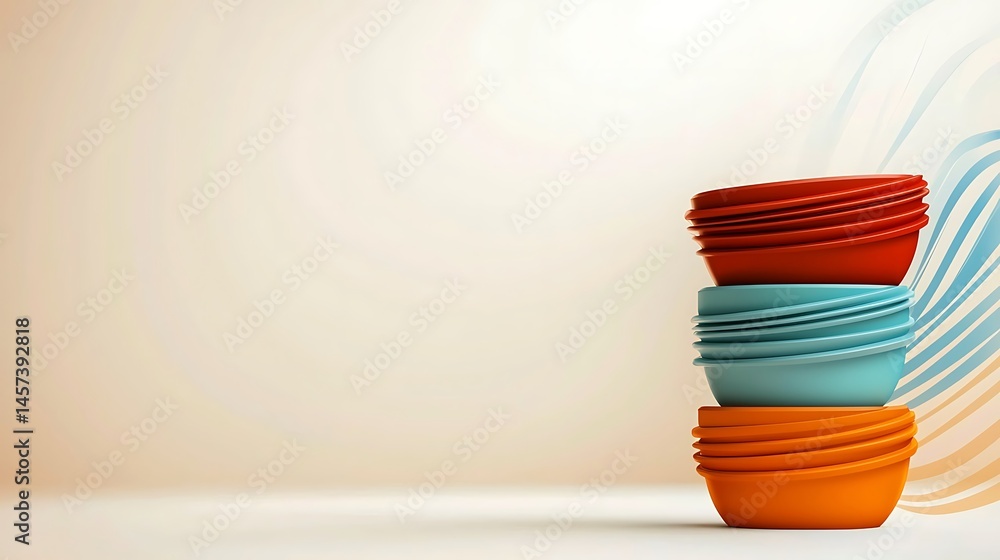 Poster stacked colorful bowls on a smooth surface with abstract waves in the background