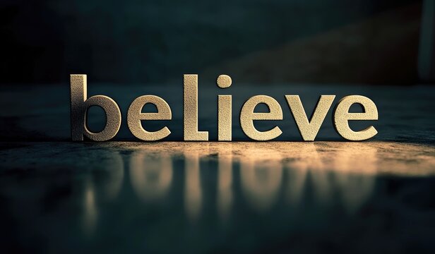 Gold-toned word believe on dark surface, reflecting light