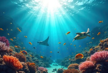 Fototapeta premium vibrant underwater coral reef ecosystem colorful marine life biodiversity ocean habitat, fish, seaweed, anemone, shell, sponge, turtle, octopus, plankton