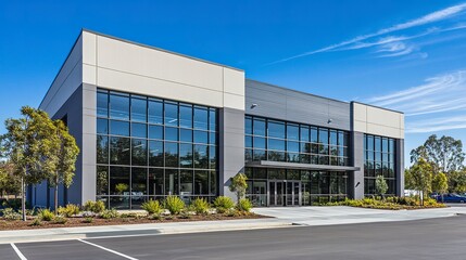 Obraz premium Modern warehouse facade with a small office seamlessly attached, large windows and streamlined design highlighting functional architecture. 
