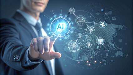 A businessman’s hand touching a virtual interface with glowing AI icon