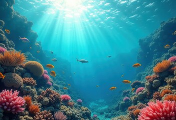 Naklejka premium vibrant underwater coral reef ecosystem colorful marine life habitat rich biodiversity oceanic wonderland, aquatic, fish, seaweed, invertebrates, snorkeling