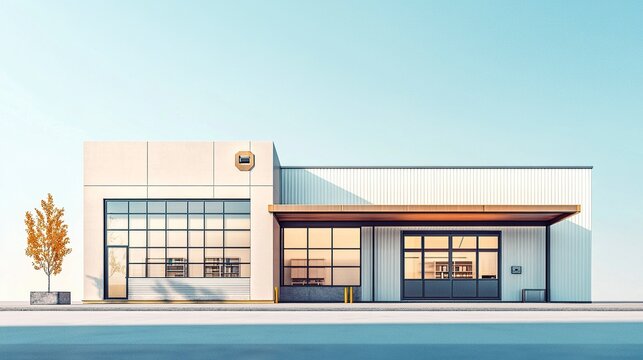 Modern warehouse facade with a small office seamlessly attached, large windows and streamlined design highlighting functional architecture. 