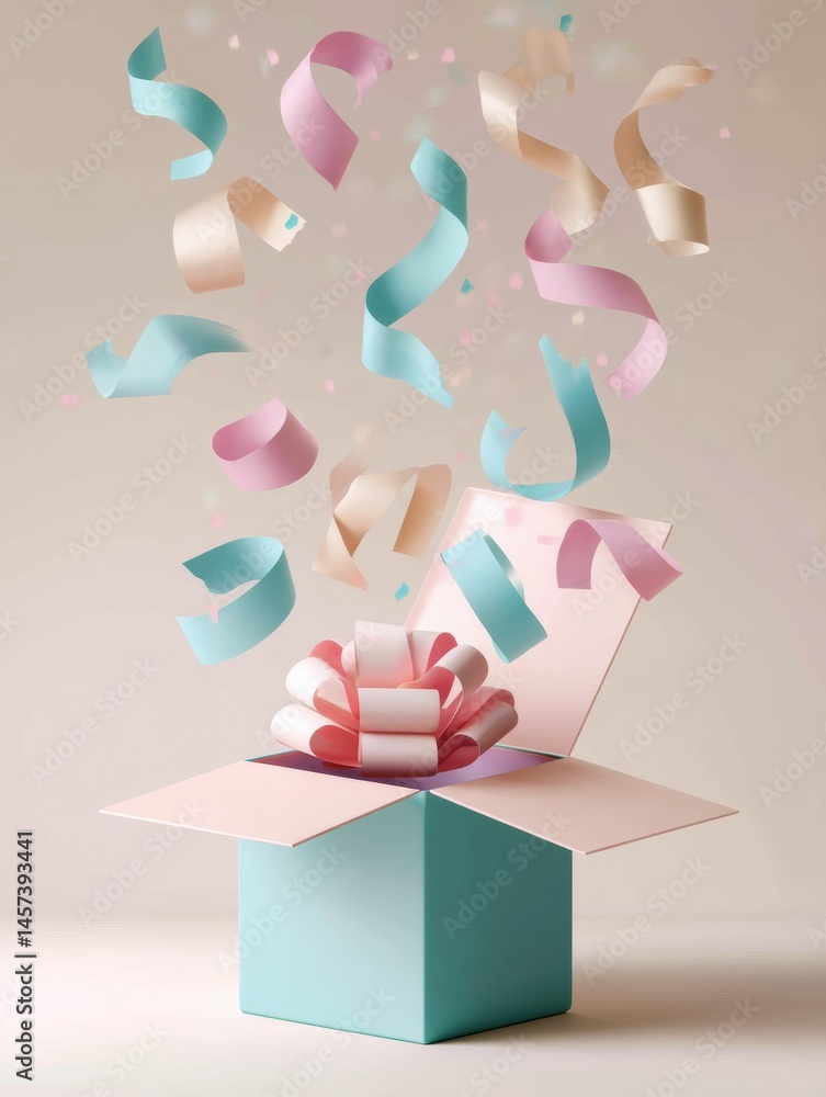 Aufkleber Floating Ribbons Emerge From an Open Gift Box Creating a Joyful Atmosphere of Celebration Generative AI