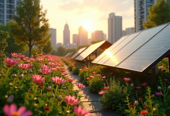 vibrant urban garden solar panels green living sustainable energy floral landscape city nature integration, vegetation, environment, plant, community, design