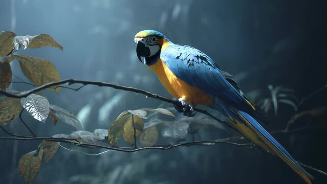 Blue and yellow parrot perched on a branch within a lush, shadowy forest setting with soft diffused lighting creating a dreamy atmosphere
