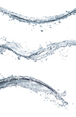 Three dynamic types of water splash arcs with droplets &mdash; top flat wave, middle twisted stream, and bottom sharp curve &mdash; isolated on transparent background for clean product and ad design use