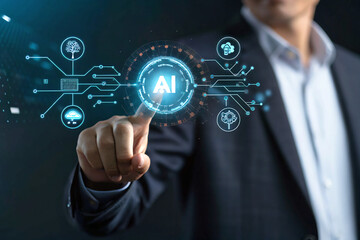 A businessman’s hand touching a virtual interface with glowing AI icon