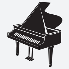 upright piano silhouette vector art illustration, piano and music notes