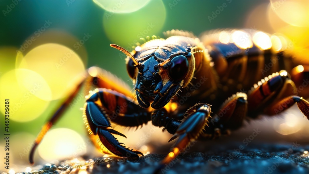 Poster close-up of a vibrant insect featuring glimmering armor and detailed features against a soft focus b