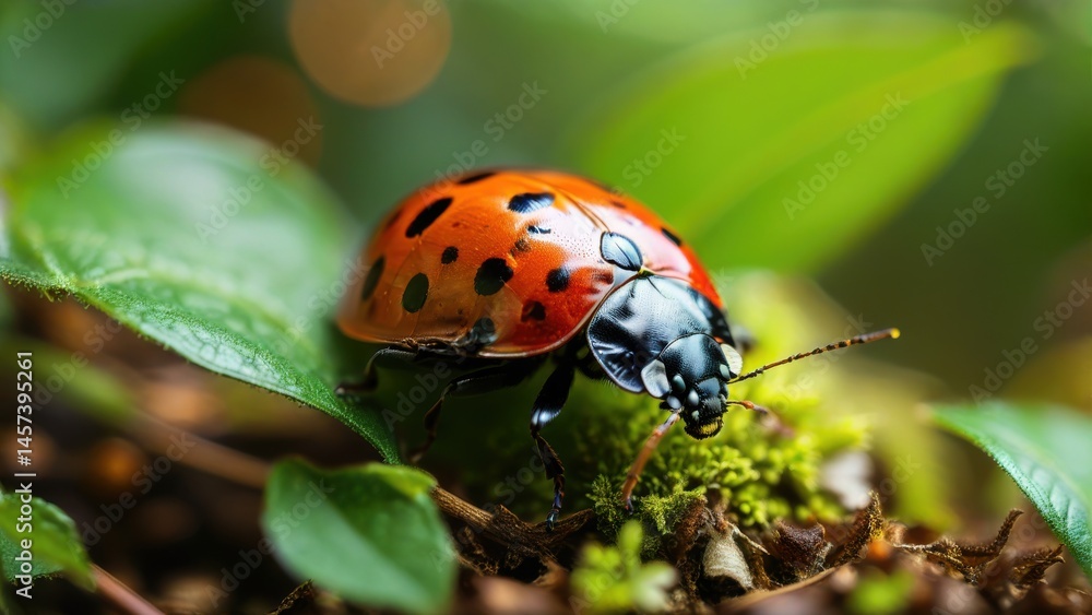 Poster close-up of a colorful ladybug on a leaf with soft green background and blurry bokeh effect, nature'