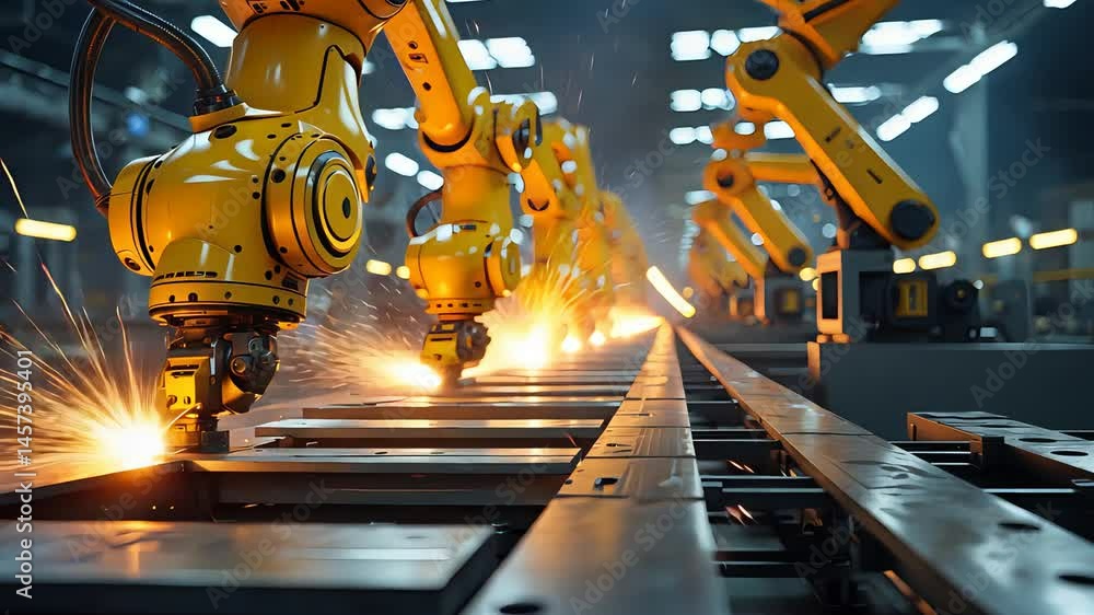 Aufkleber industrial robotic arms welding and working on an automated production line, creating sparks in a hi