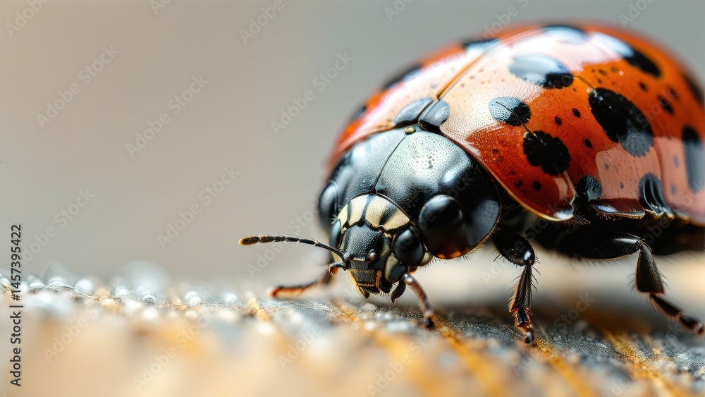 Aufkleber close-up of a colorful ladybug with distinct black spots crawling on a moist surface captured in nat