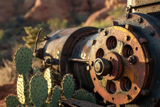 Rusty, old mining machinery sits abandoned in a desert landscape, surrounded by prickly pear cacti.