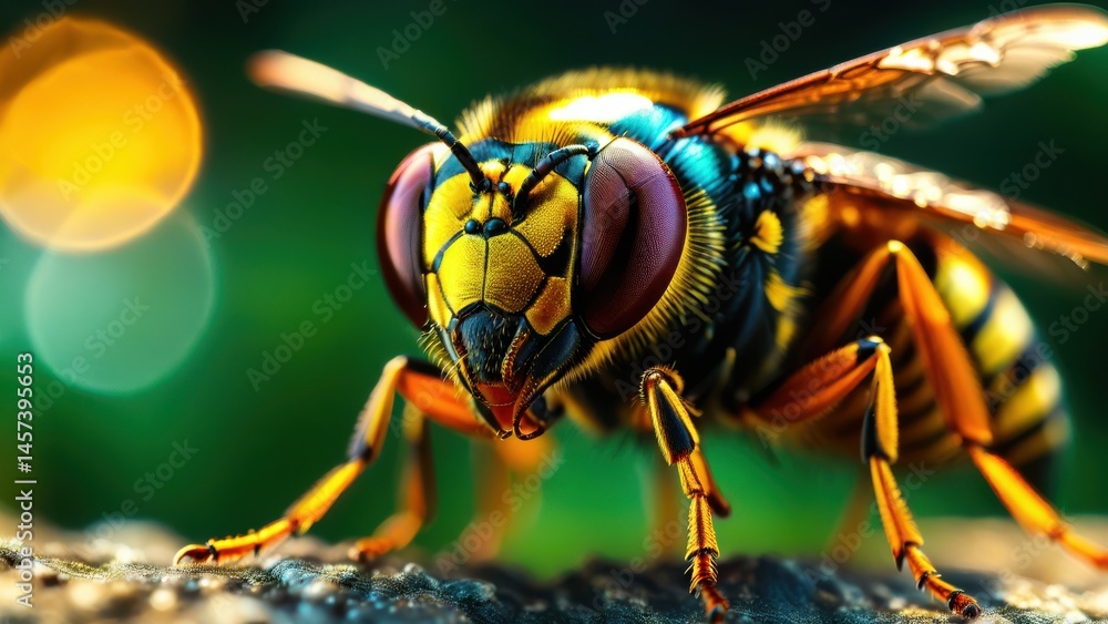 Poster close-up view of colorful insect with detailed features and bright colors on natural background in s