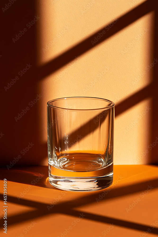 Aufkleber an empty glass is centered on an orange surface, shadows from light through blinds create a design o