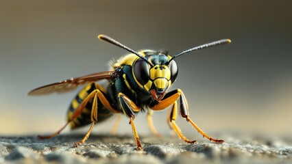 Fototapeta premium Close-up View of a Yellow and Black Insect with Striped Body Details, Highlighting Texture and Features of a Wasp on a Neutral Background