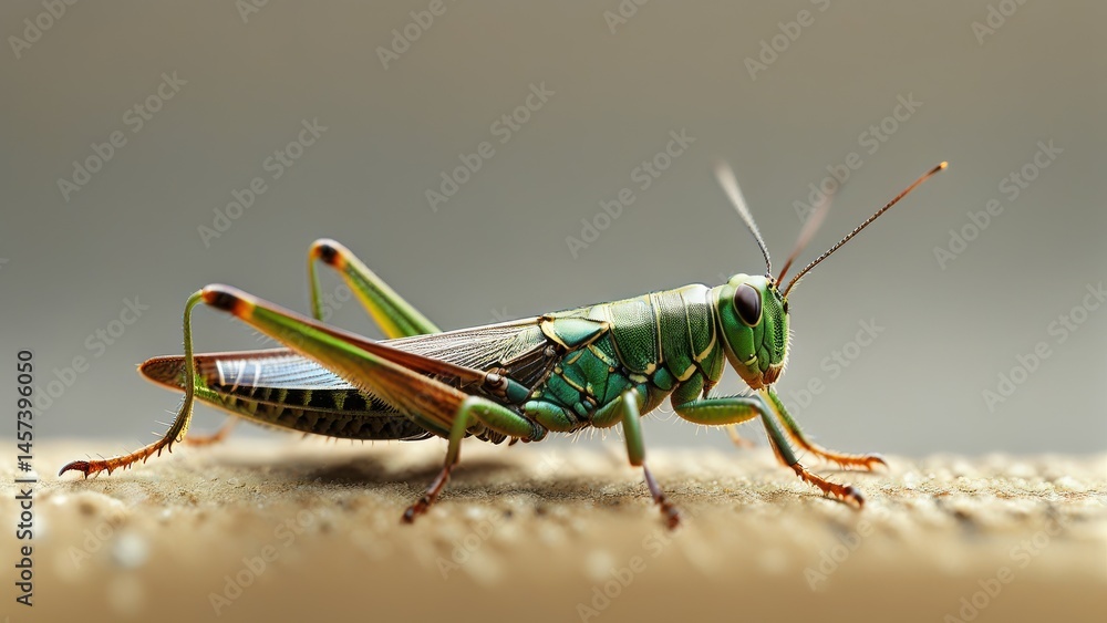 Poster close-up of a green grasshopper on a surface with a blurred background capturing intricate details o