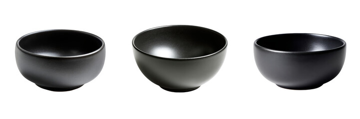 Set of Elegant Black Ceramic Bowls Isolated on a Transparent Background