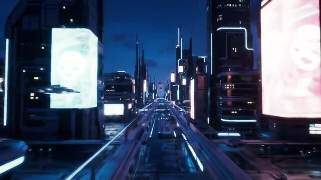 City of the future. The atmosphere of a futuristic city highway filled with skyscrapers and futuristic vehicles, some of which can fly.  Generative AI.