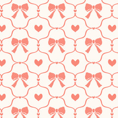 Vintage seamless pattern with pink bows and ribbons in cells.