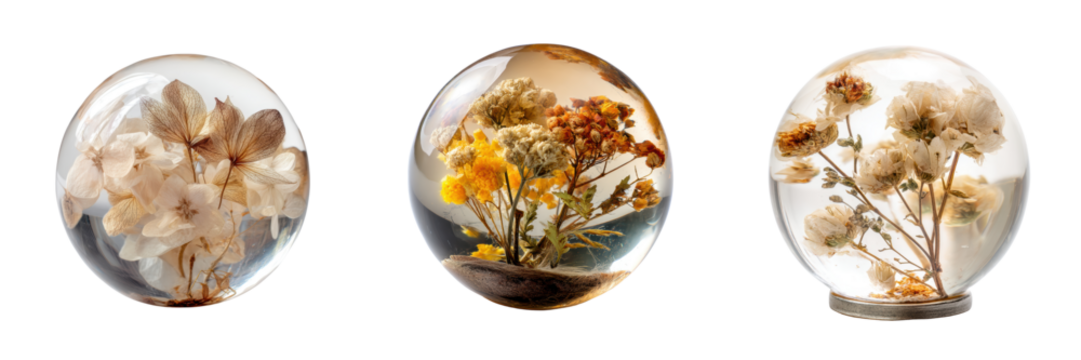 Preserved Floral Art in Glass Domes Isolated on a Transparent Background